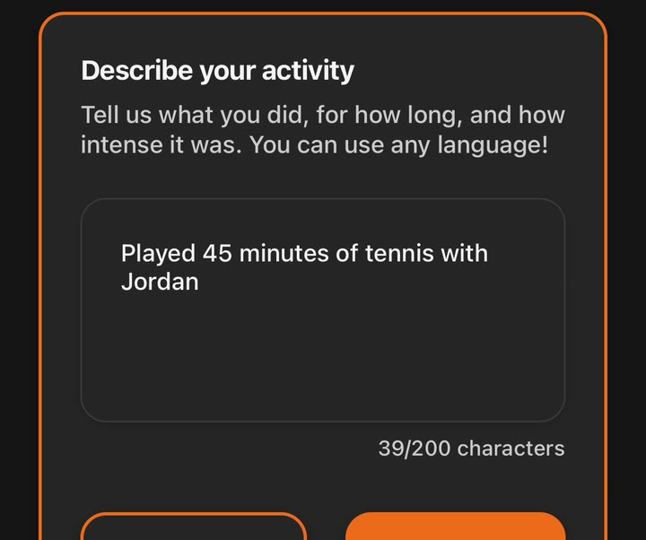 FitSay text input with the sentence: Played 45 minutes of tennis with Jordan. 39 of 200 characters.